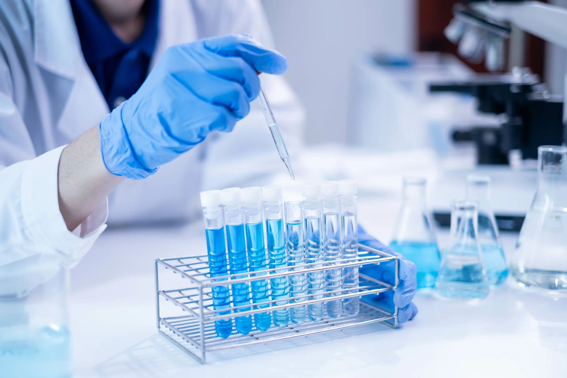 Laboratory test tubes representing the ongoing scientific research into SS-31 (elamipretide), an investigational peptide discussed at SpaRx Medical Aesthetics in Thonotosassa, FL.